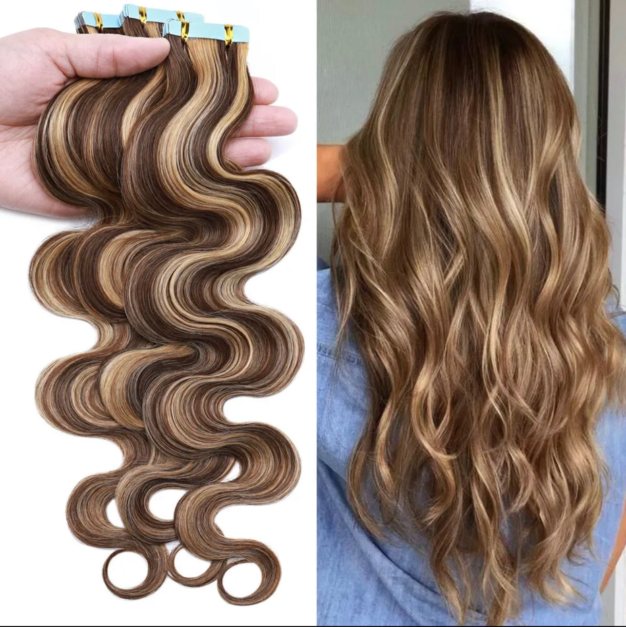 Tape-Ins Balayage #4 Dark Chocolate & #27 Honey Blonde.