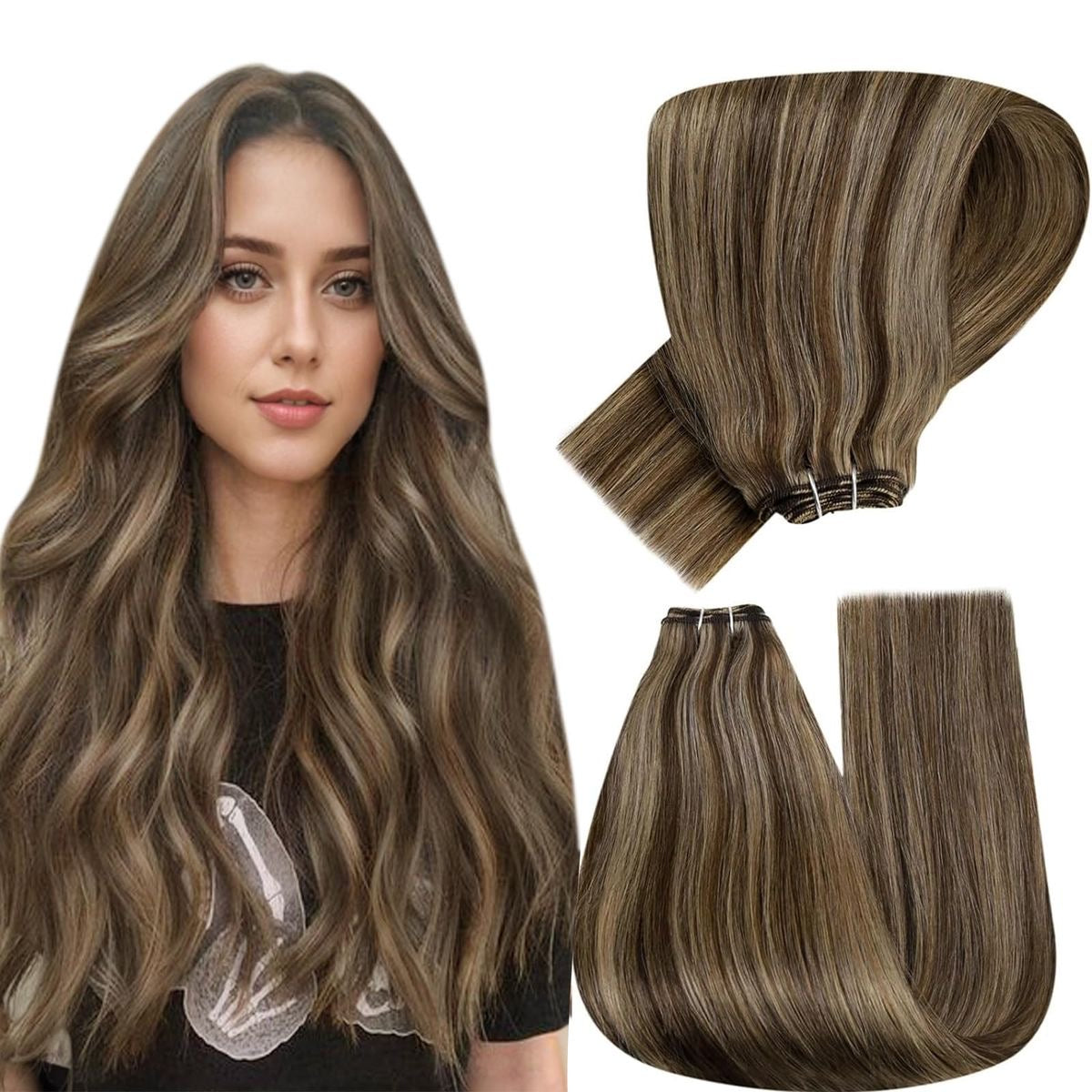 Weft Hair #2 Dark Brown & #18 Ash Blonde Highlights